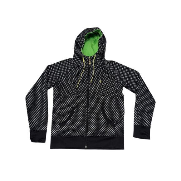 Y2K Volcom Spotted Full Zip Jacket Long Sleeve Black Lime Green Embroidered Coat - Picture 1 of 7